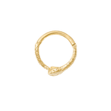 Close-up view of snake head detailing on Ouroboros gold clicker