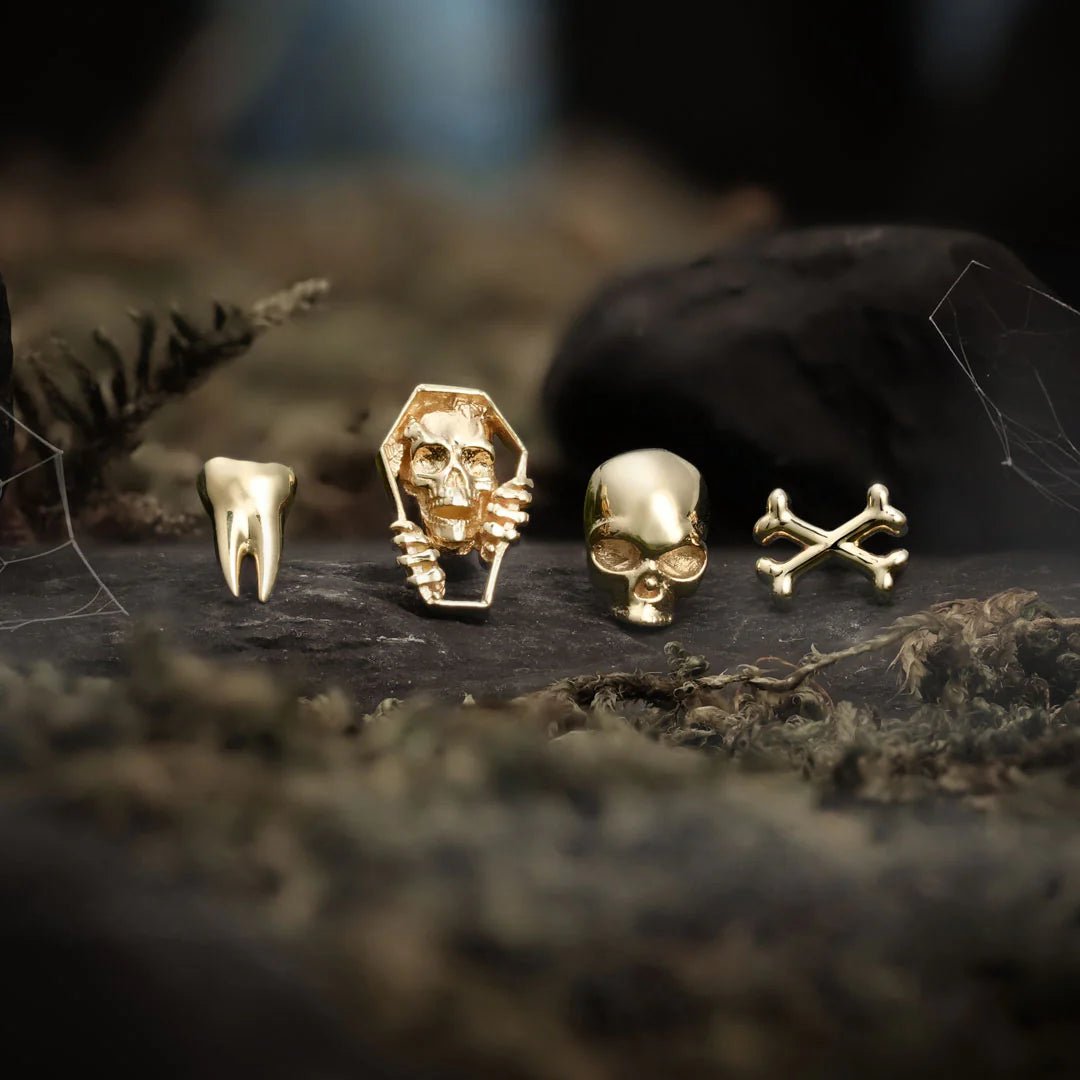 Coffin 14K Gold Threadless End – Front View with Skeleton Hands
