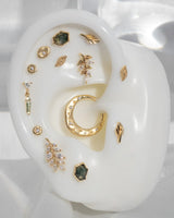 Detail View of Suspended Moss Agate and CZ in Gold Setting