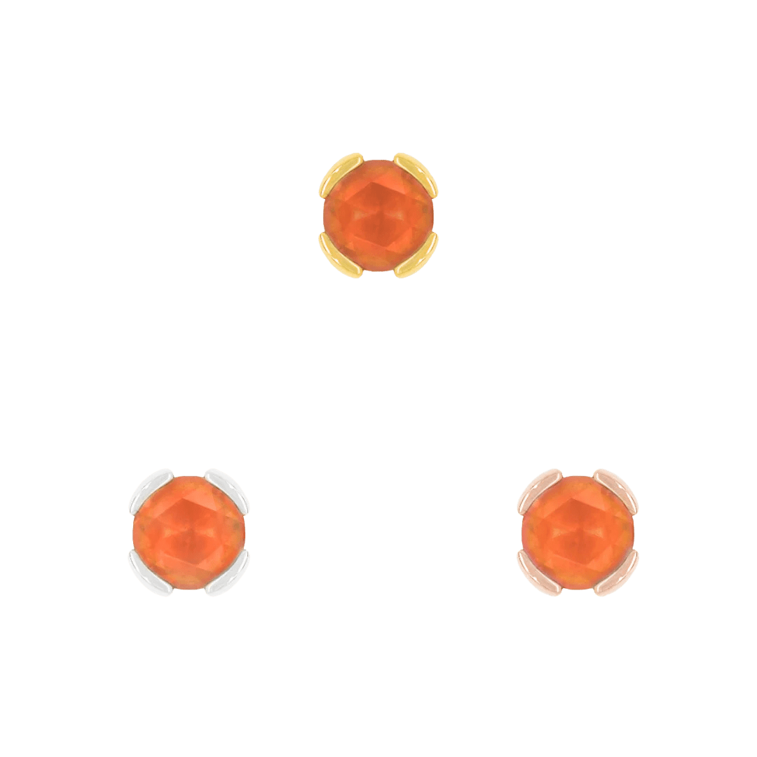 Flat-lay of 14k gold threadless end with sandblasted garnet