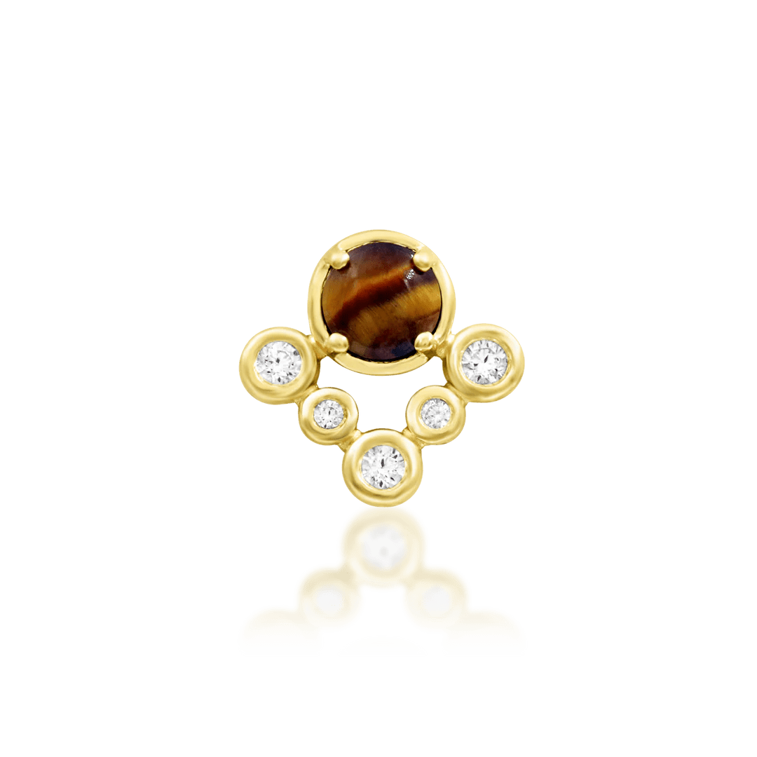 Kate 14K Gold Threadless End with Tiger Eye & CZ – Front View