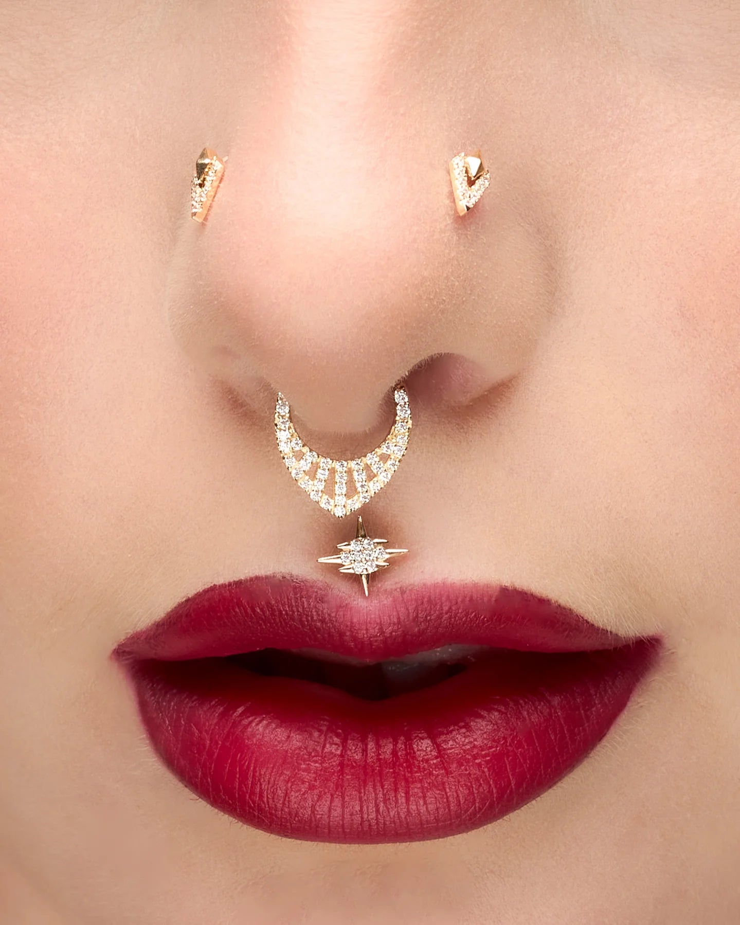 Model Wearing Origin Story in Septum Piercing – Full Sparkle Look
