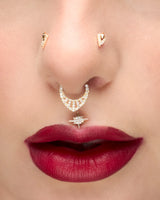 Model Wearing Origin Story in Septum Piercing – Full Sparkle Look