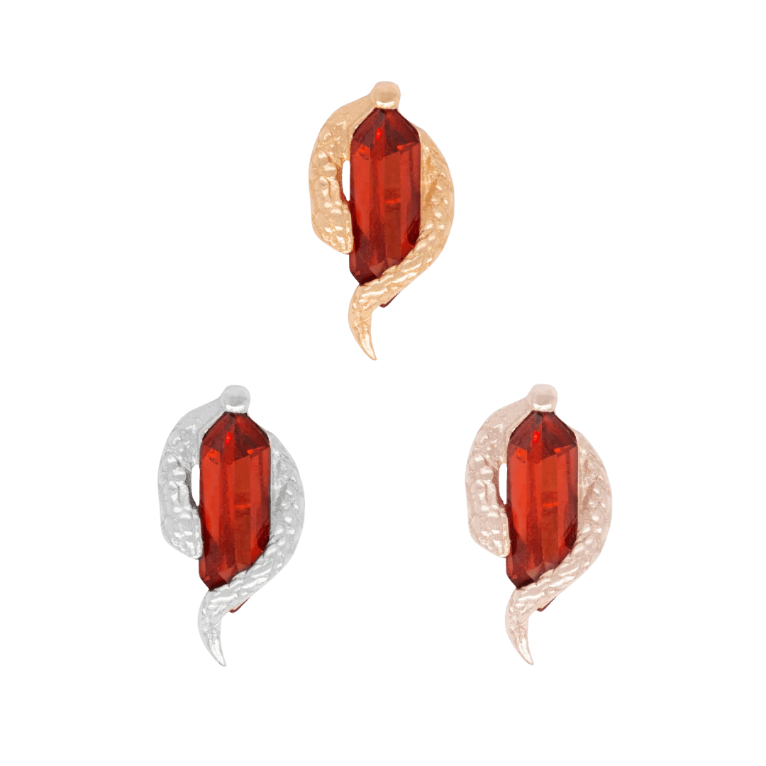 Side View of Eve Was Framed Showing Snake Texture and Garnet Sparkle