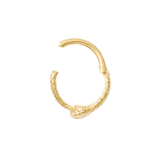 Side profile of 14K Ouroboros clicker ring showing texture and scale