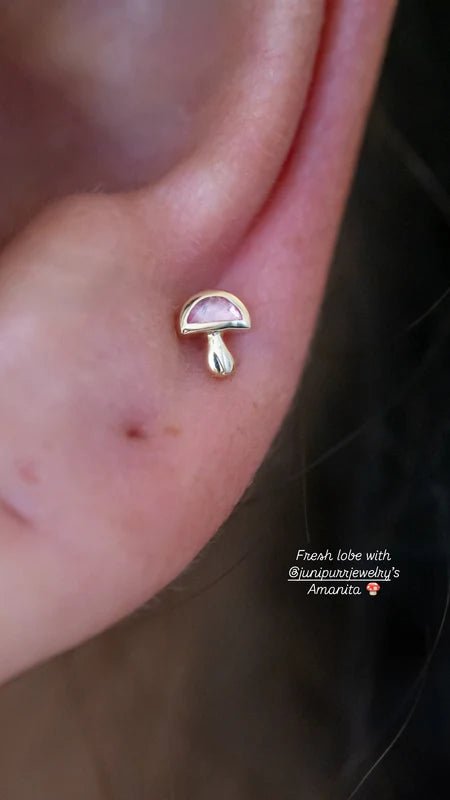 Amanita – Pink CZ Mushroom – 14K Gold Threadless End - piercing - zone.com