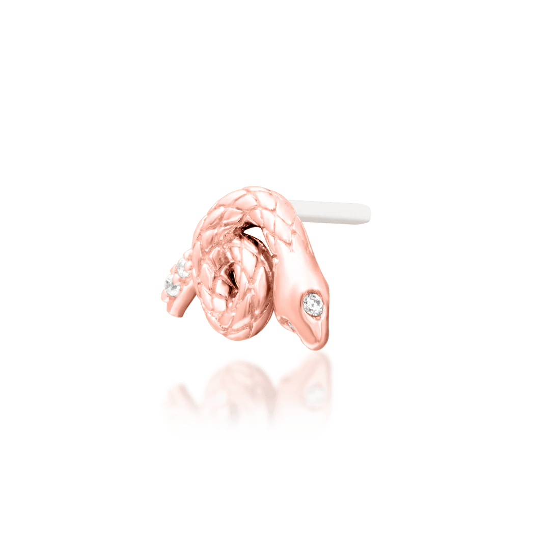 Asmodeus – Serpent Spiral with CZ Eyes – 14K Gold Threadless End - piercing - zone.com