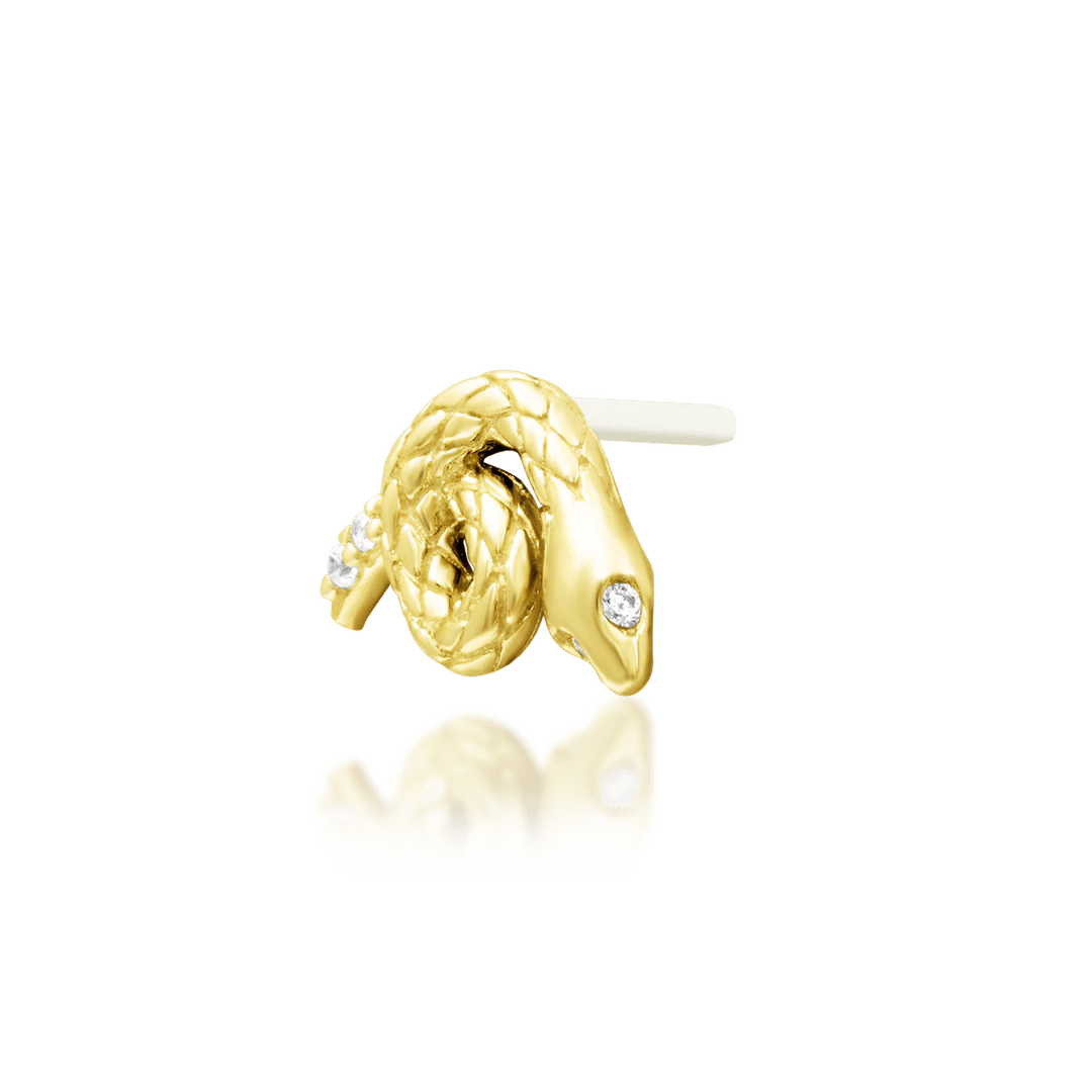 Asmodeus – Serpent Spiral with CZ Eyes – 14K Gold Threadless End - piercing - zone.com