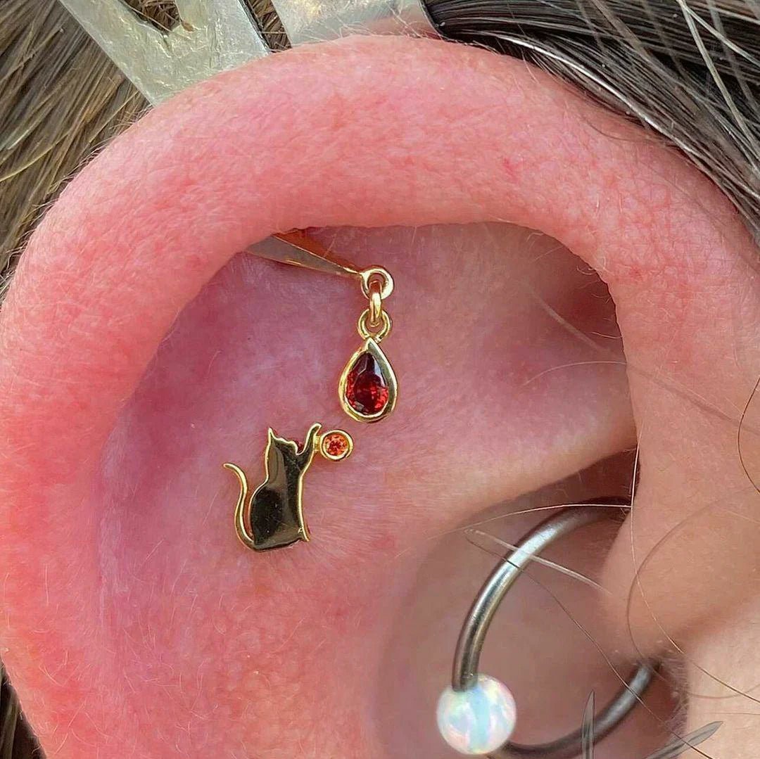 Cat Laser – Garnet CZ – 14K Gold Threadless End - piercing - zone.com