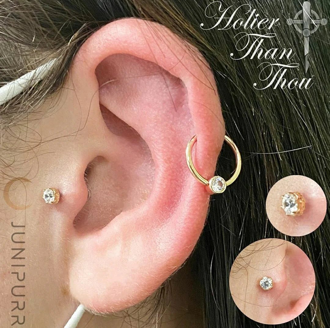 Gold Ring with Fixed CZ – 14K Gold Seam Ring with 3mm CZ - piercing - zone.com