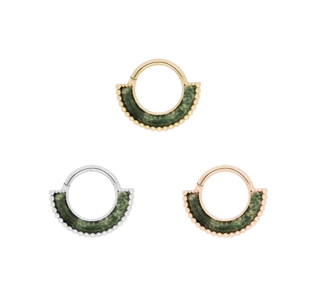 Harmonic Clicker – Moss Agate – 14K Gold - piercing - zone.com