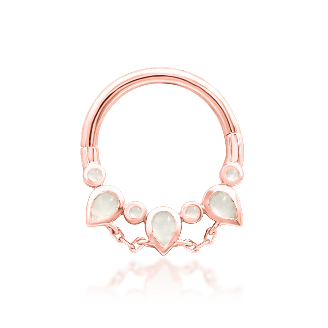 Side profile of Catalina in rose gold – refined crescent with moonstone detail