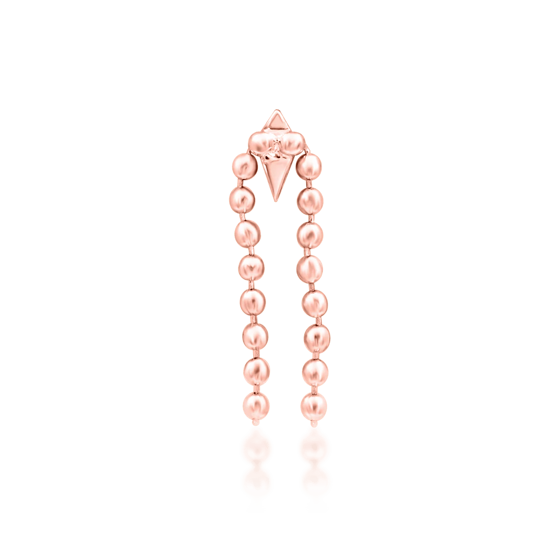 Side profile of Malia in rose gold – slim base with flowing gold chain