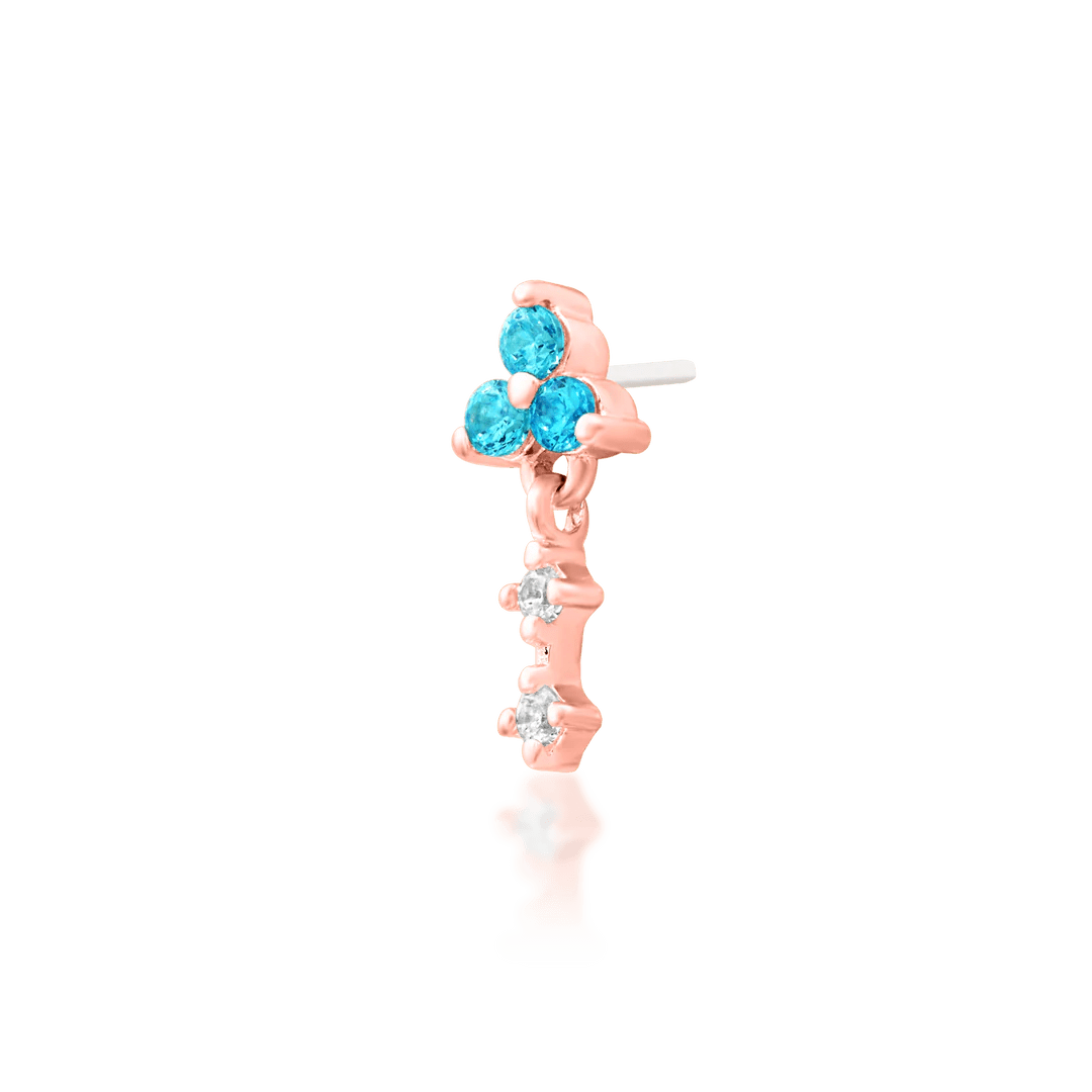 14K gold ear end with aqua CZs arranged linearly