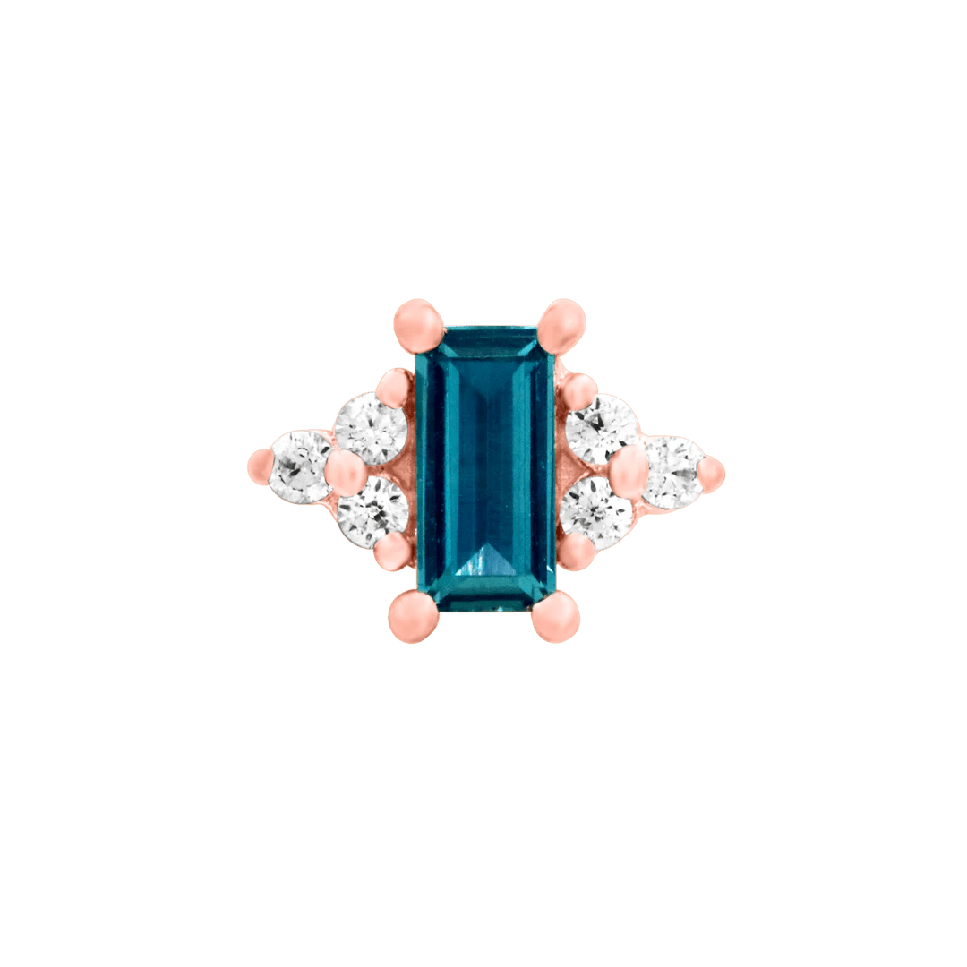 Side angle of Nellie decorative end – rose gold and geometric detail