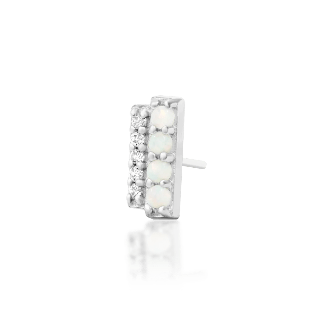 Minimalist Bartlett End with Opals and CZ – macro shot on white background