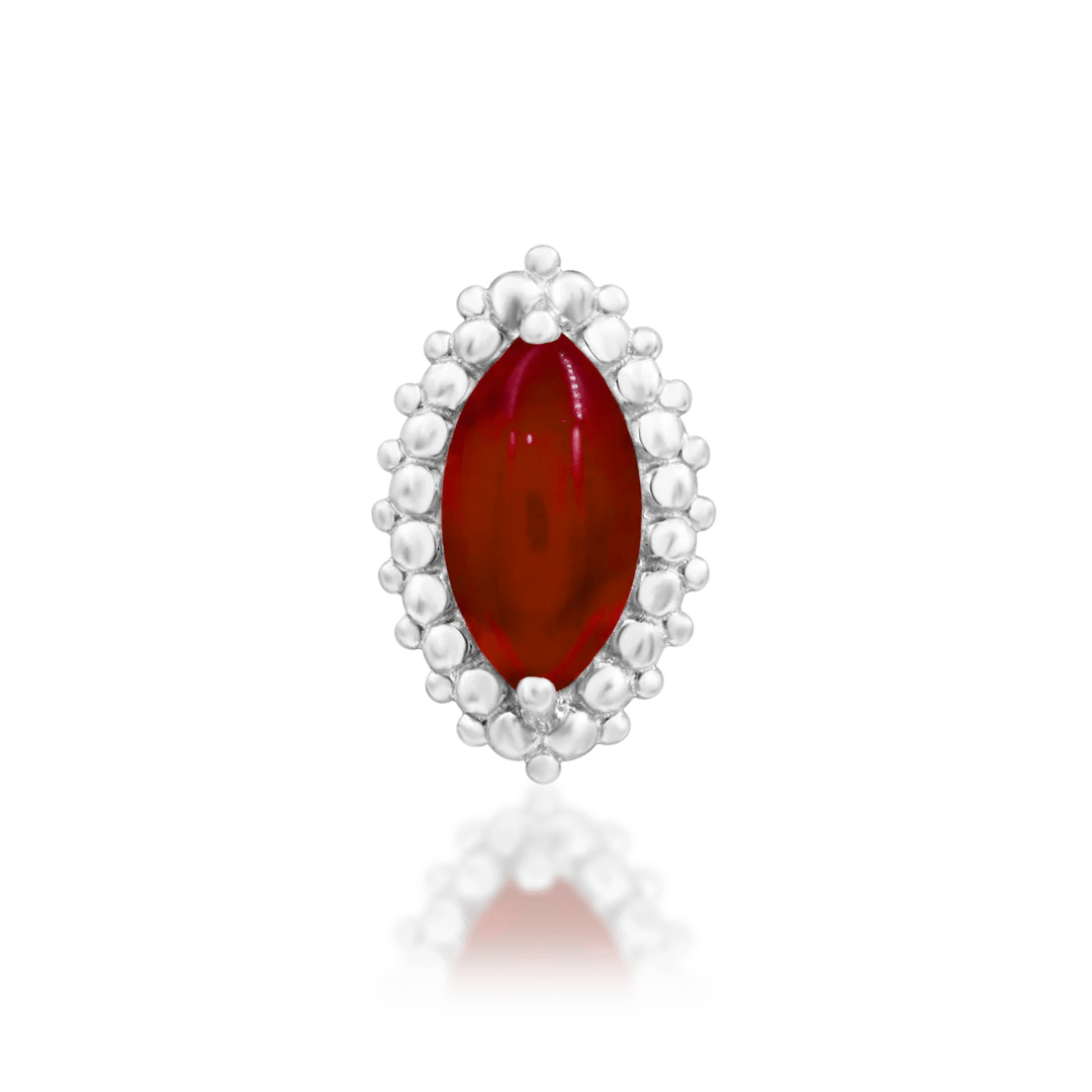 Front view of Fernley in white gold – warm red stone and gold detailing