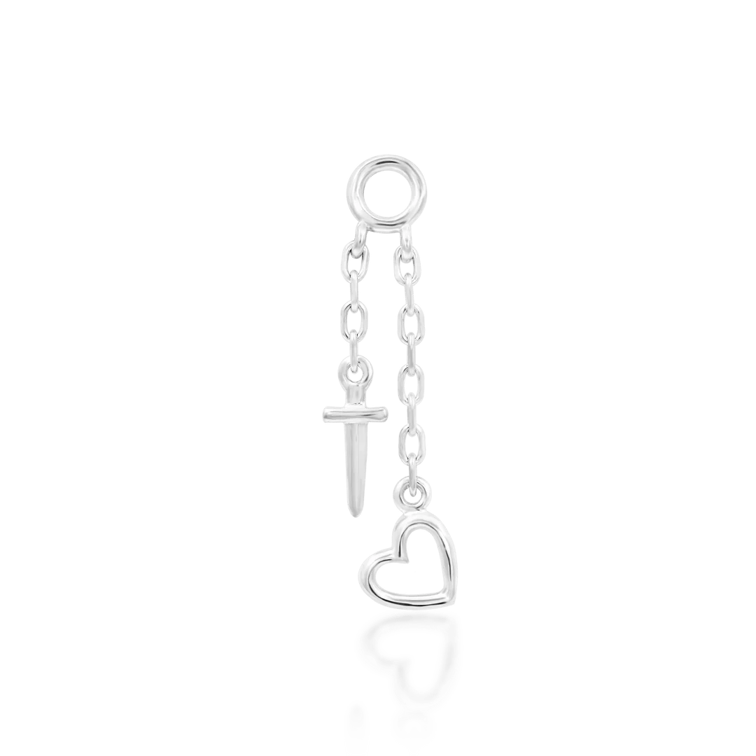 Love Hurts Chain Charm in Flat Piercing – Close-Up with Soft Lighting