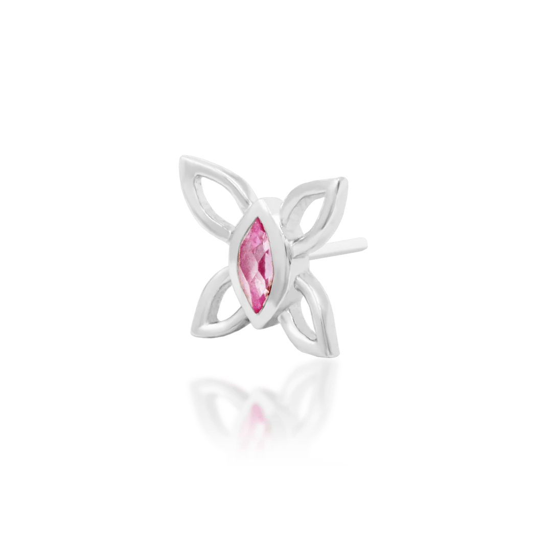 Macro image of Navhvi end – 14k gold wings and central pink CZ sparkle