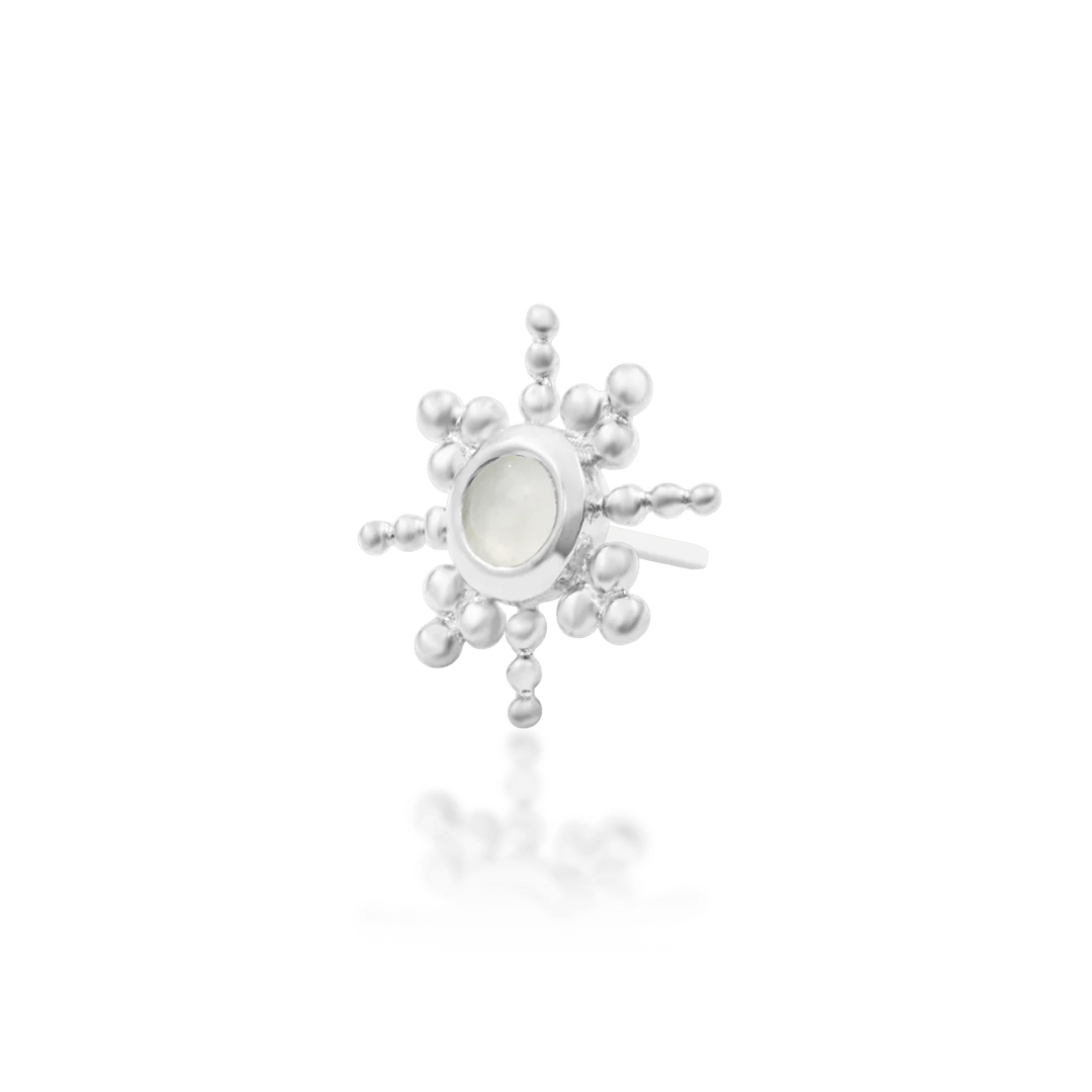 Macro shot of Ruth threadless end – moonstone and textured gold detail