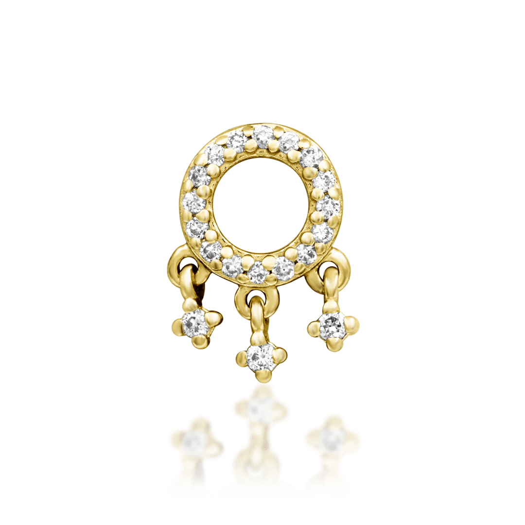 Amaze threadless end in 14k yellow gold – front view with diamond circle and charms