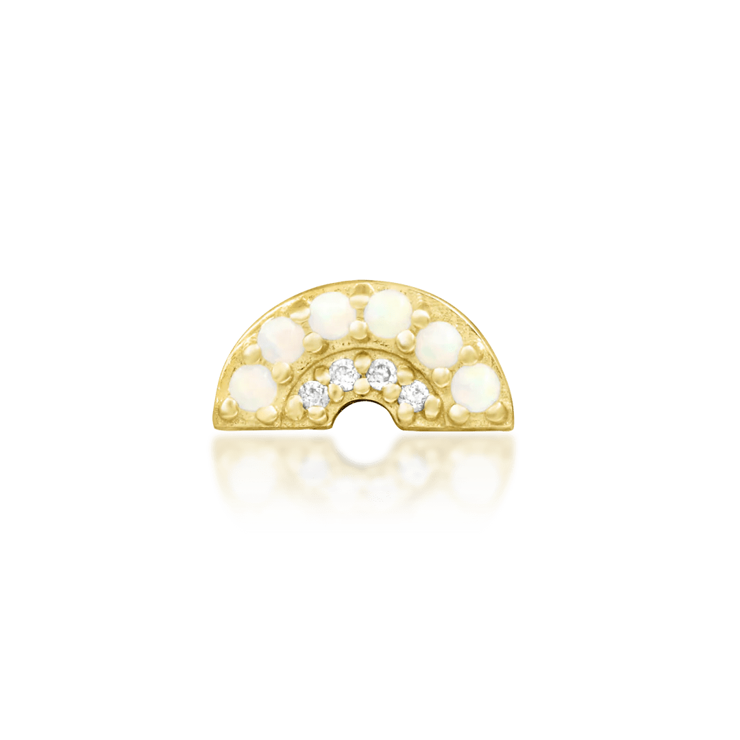 Archly threadless end in 14k yellow gold – front view with opals and CZs
