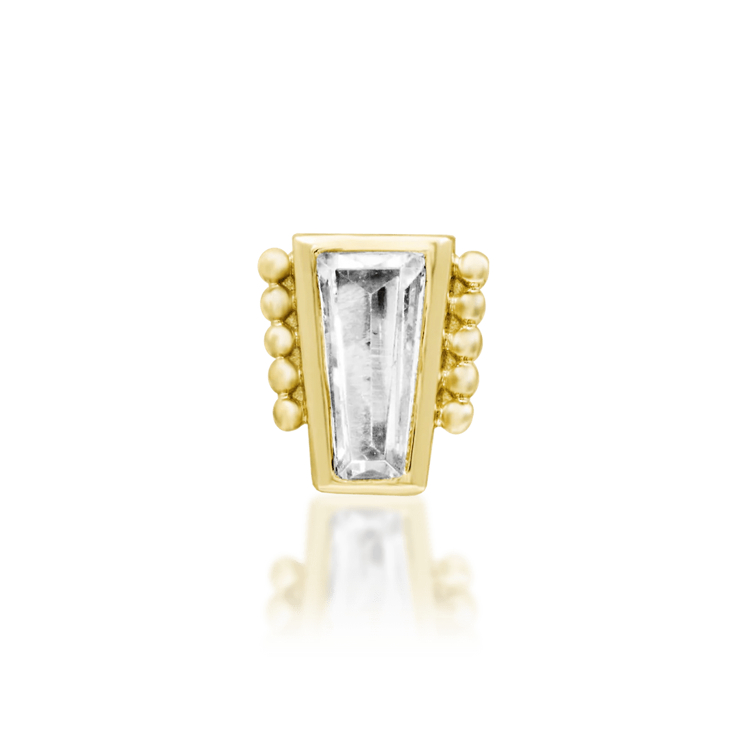 Beaded Baguette threadless end in 14k yellow gold – front view with CZ