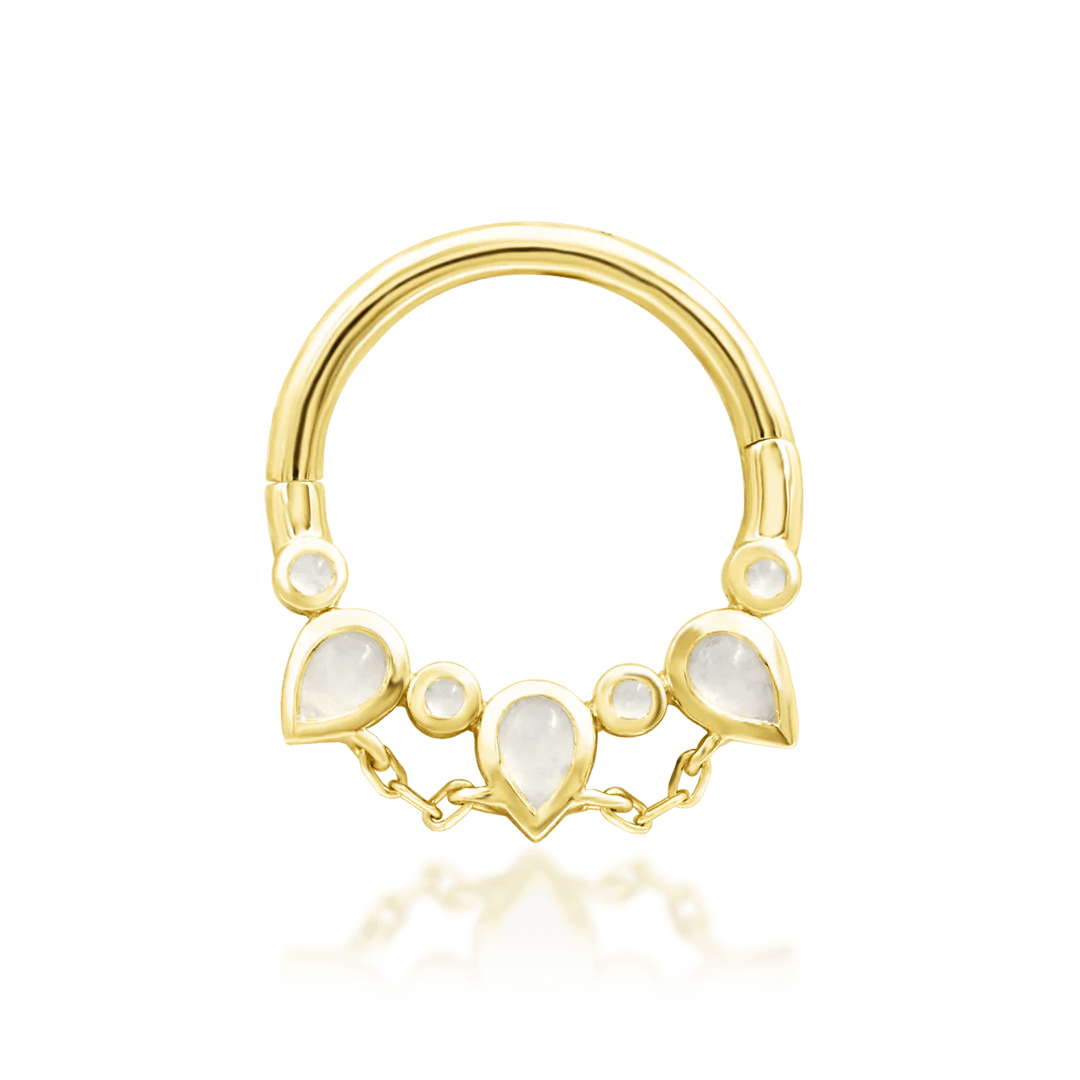 Catalina clicker ring in 14k yellow gold – pear-cut and round moonstones