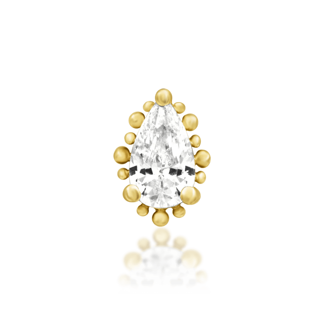 Ennvi threadless end in 14k yellow gold – pear CZ with gold beaded halo