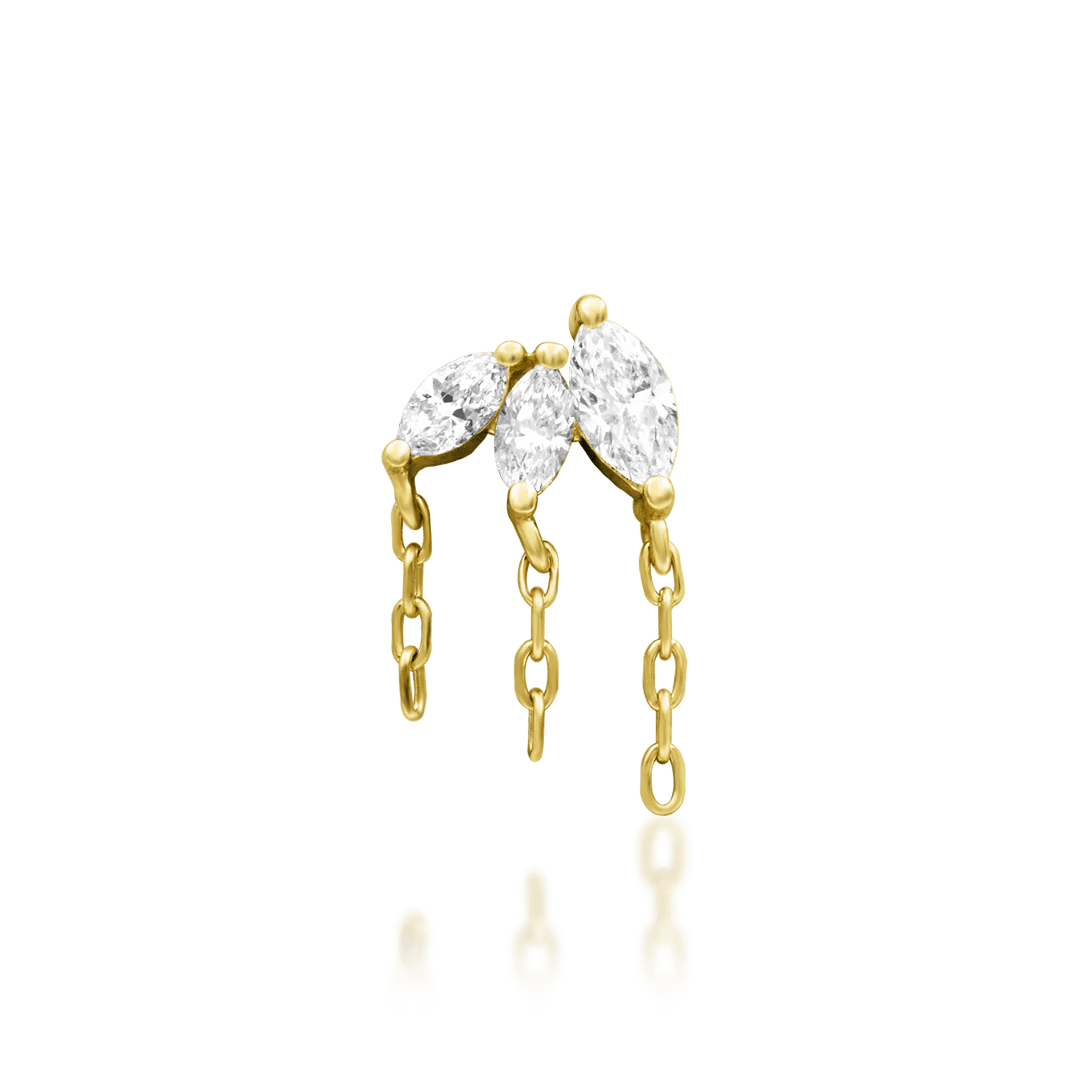 Infamous threadless end in 14k yellow gold – front view with 3 marquise diamonds