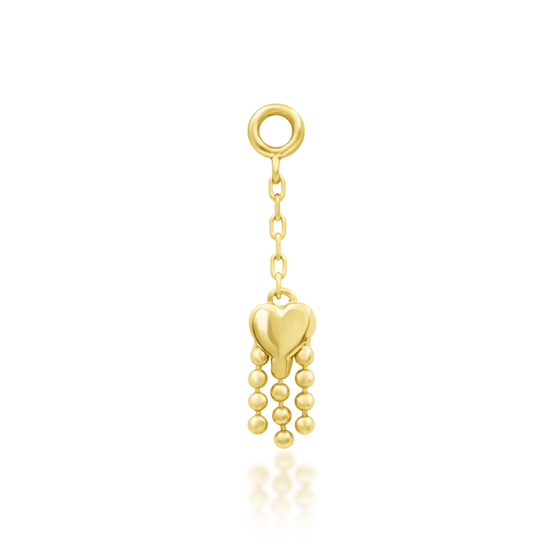 Je T’aime charm in 14k yellow gold – heart design with gold beaded fringe