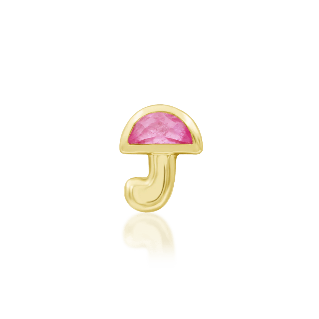 Kinoko threadless end in 14k yellow gold – mushroom silhouette with pink CZ