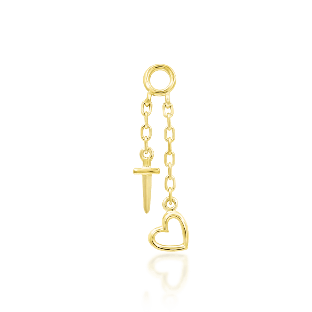 Love Hurts Chain Charm in 14K Gold – Heart and Dagger Design