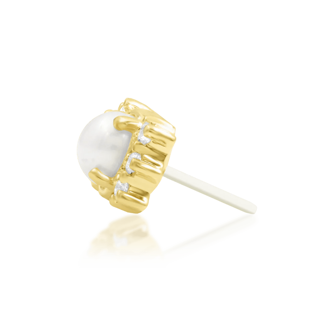 Elegant piercing end with pearl center and cubic zirconia halo