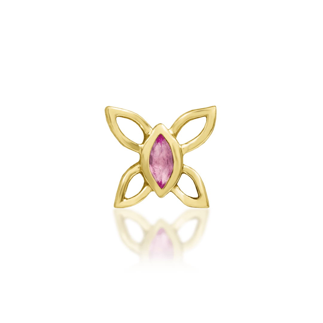 Navhvi threadless end in 14k yellow gold – butterfly design with pink CZ