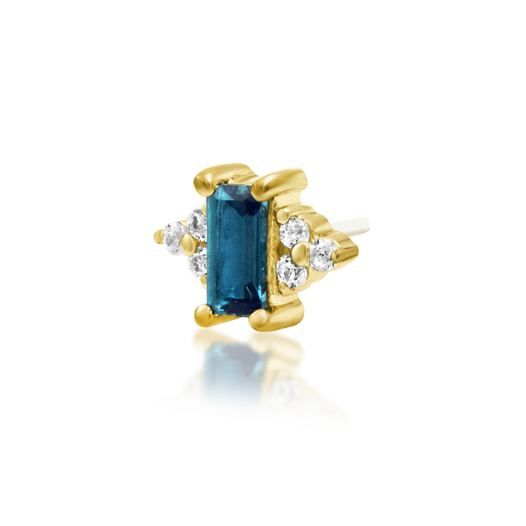 Close-up of Nellie jewelry – 2x4mm Alexandrite with CZ halo