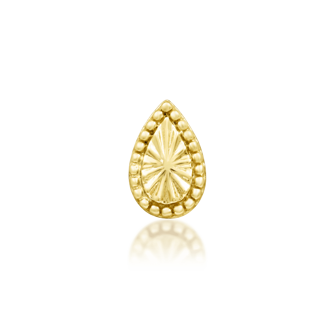 Remi threadless end in 14k yellow gold – teardrop shape with beaded edge