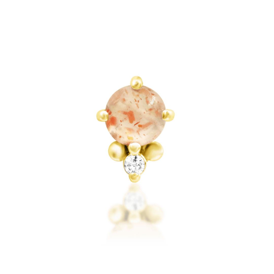 Rosalind threadless end in 14k yellow gold – front view with sunstone & CZ