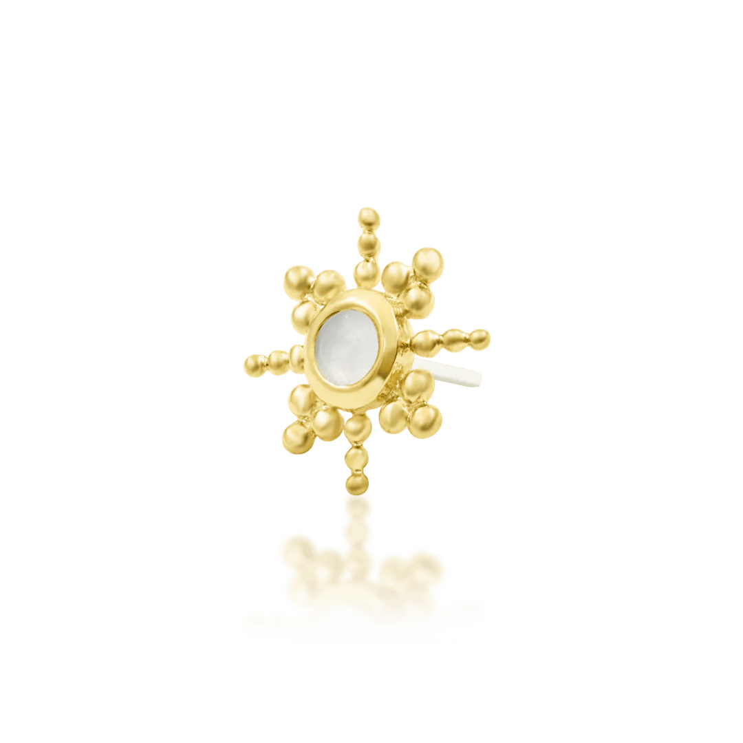 Close-up front view of Ruth jewelry – radiant moonstone center design