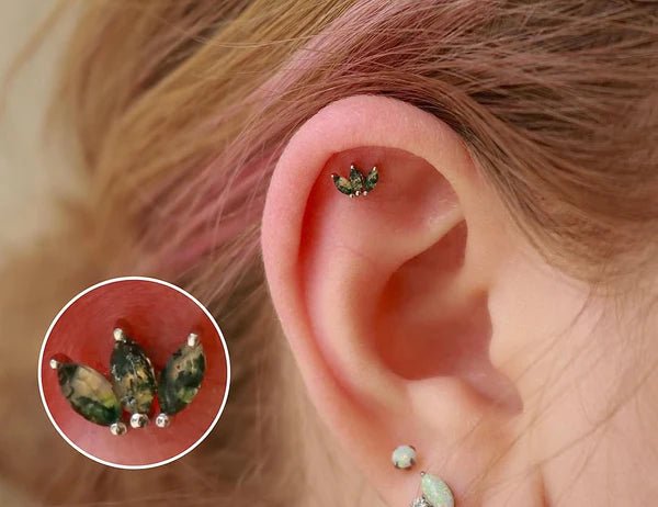 Moss Marquise Fan – 14K Gold Moss Agate Threadless End - piercing - zone.com