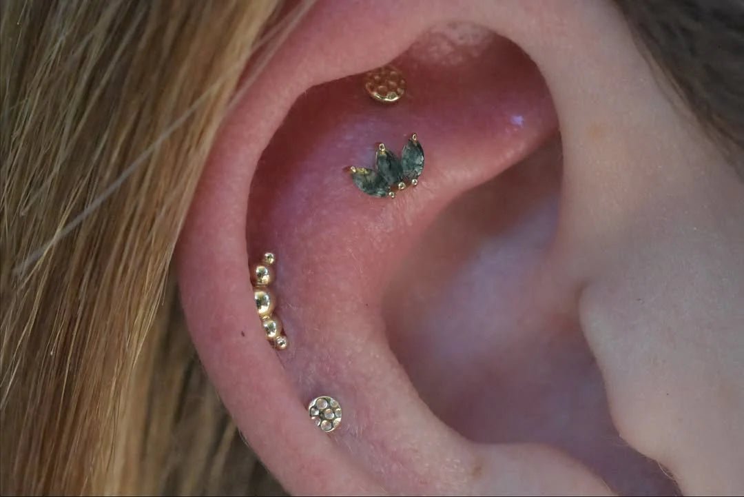 Moss Marquise Fan – 14K Gold Moss Agate Threadless End - piercing - zone.com