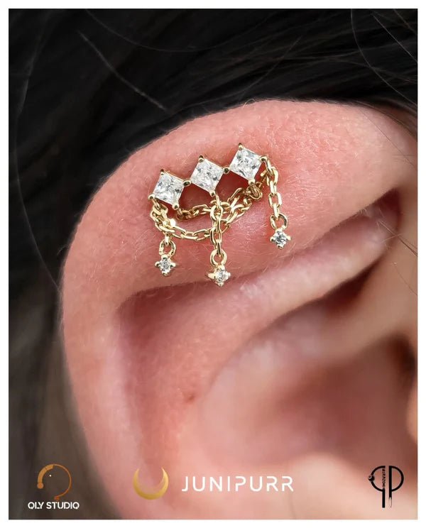 Close-up of 14K gold decorative end with 6 cubic zirconia stones