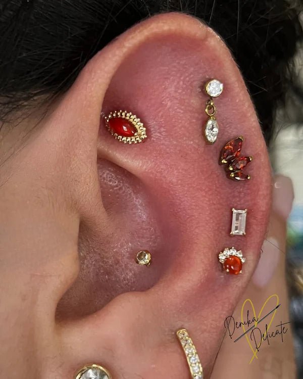 Rolina – Carnelian Halo with CZ – 14K Gold Threadless End - piercing - zone.com