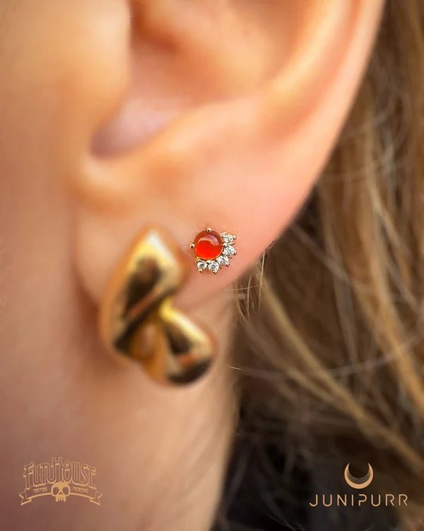 Rolina – Carnelian Halo with CZ – 14K Gold Threadless End - piercing - zone.com