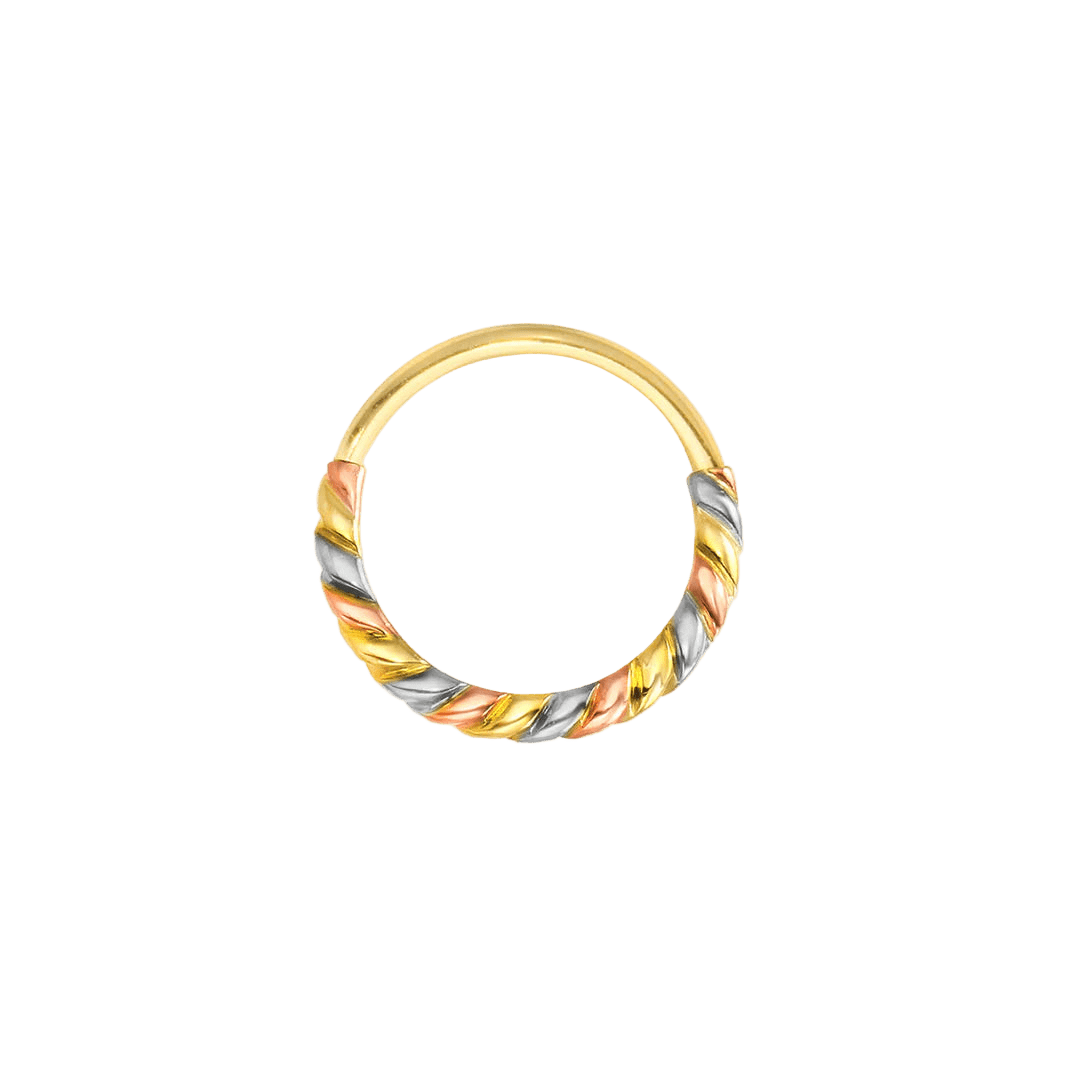 3 Color Twisted Seamless Ring – 14K Gold Tri - Tone Cup & Divot Design - piercing - zone.com