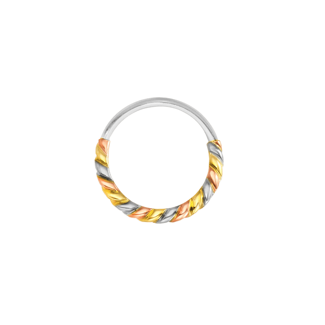 3 Color Twisted Seamless Ring – 14K Gold Tri - Tone Cup & Divot Design - piercing - zone.com