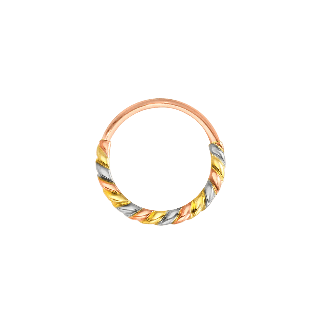 3 Color Twisted Seamless Ring – 14K Gold Tri - Tone Cup & Divot Design - piercing - zone.com