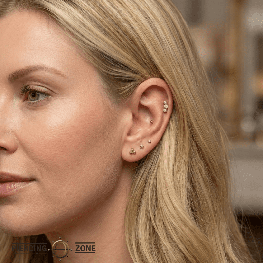 3 Gem Bezel Cluster – 14K Gold Threadless/Threaded End - piercing - zone.com