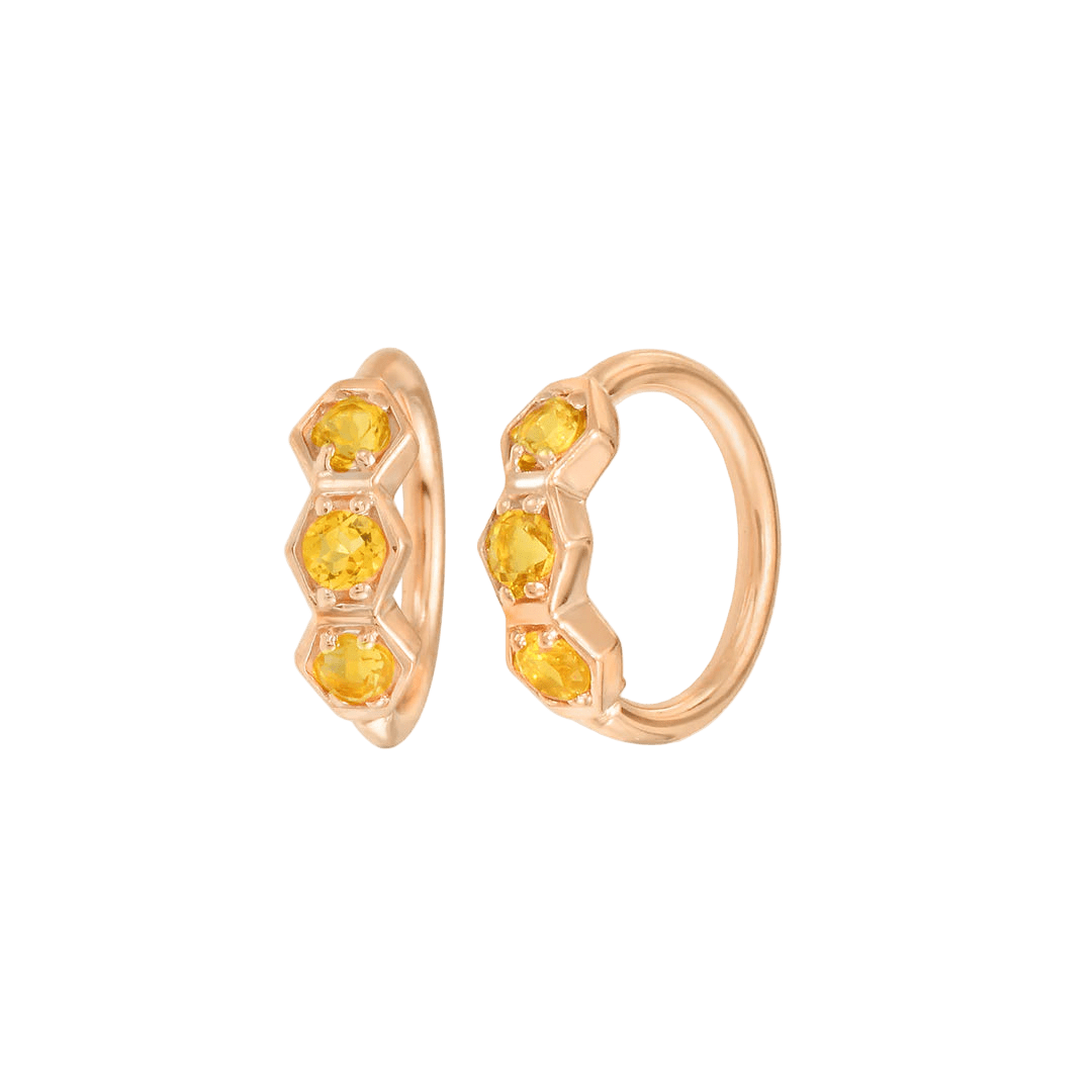 3 Gem Hexagon Seamless Ring – 14K Gold Triple - Stone Geometric Design - piercing - zone.com