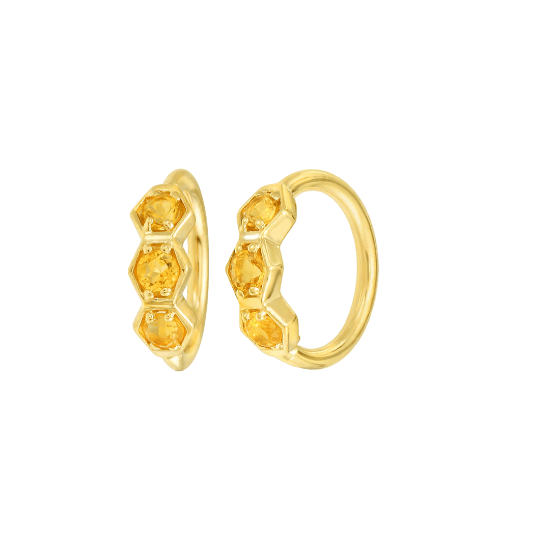3 Gem Hexagon Seamless Ring – 14K Gold Triple - Stone Geometric Design - piercing - zone.com